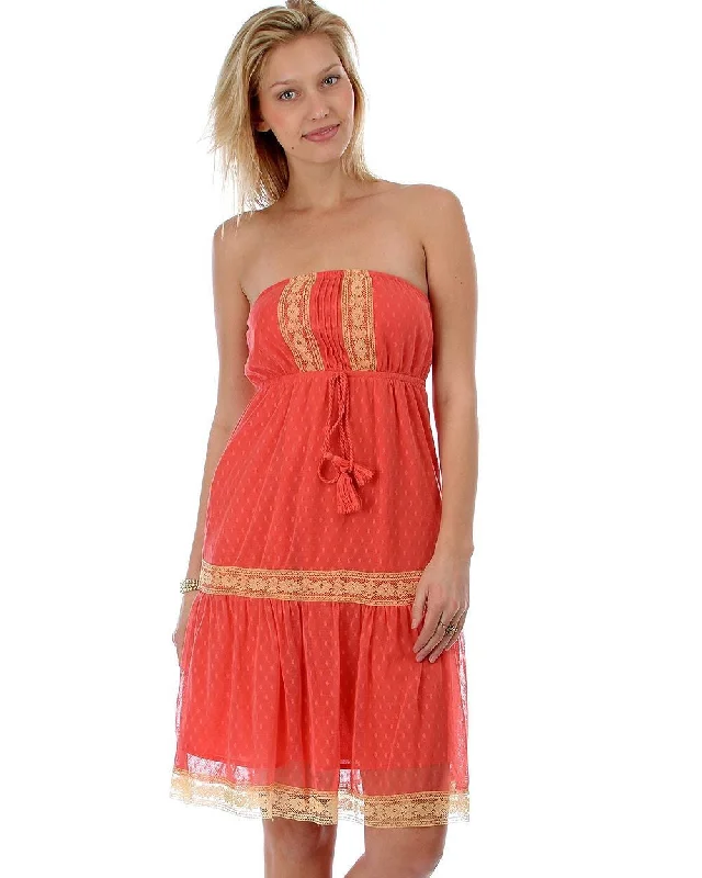 Coral Polka Dot Mesh Strapless Dress with Crochet Detail and Tassels Popular unclassified dresses