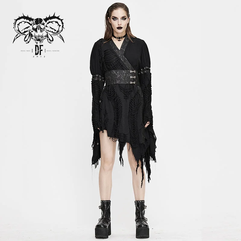 SKT106 Darkness Japanese style punk asymmetric mesh unedged women kimonos with belt Wedding guest unclassified dresses