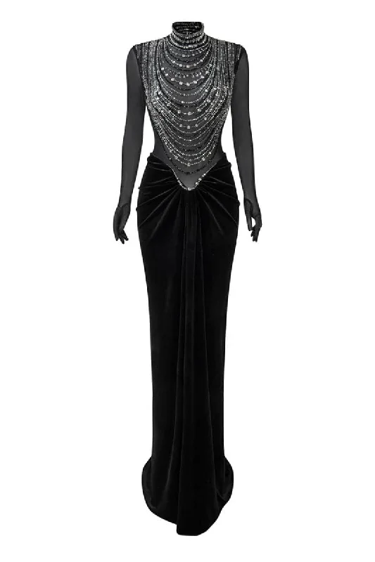 DAZZLING BLACK DRAPED BEADED GOWN Sequin unclassified dresses