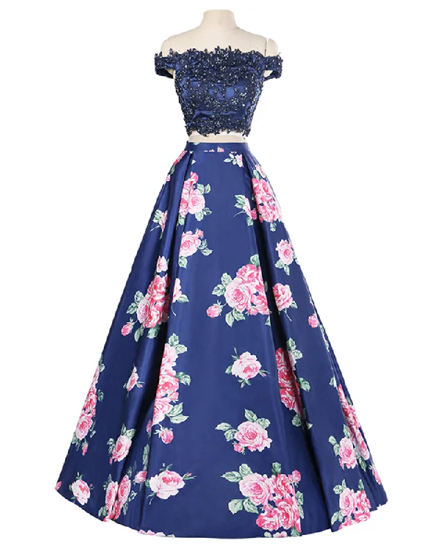 Elegant Crop Top Prom Dress Print Floral Prom Evening Dresses 2 Pieces  Long Party Gown Beach floral dresses