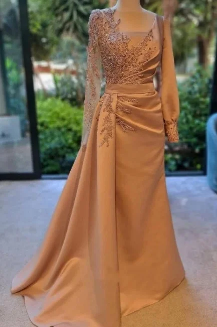 Elegant Long Sleeves Prom Dress Floral Evening Party Dress with Side Sweep Train Versatile floral dresses for all occasions