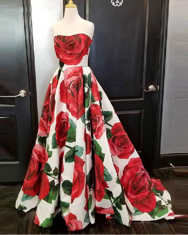 Elegant Strapless Floral Print Prom Dresses Girls Formal Wear 2019 Affordable floral dresses