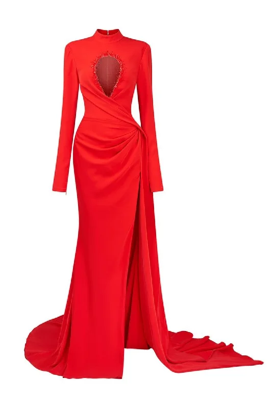 EUGEN RED SPLIT DRAPED GOWN Halter unclassified dresses