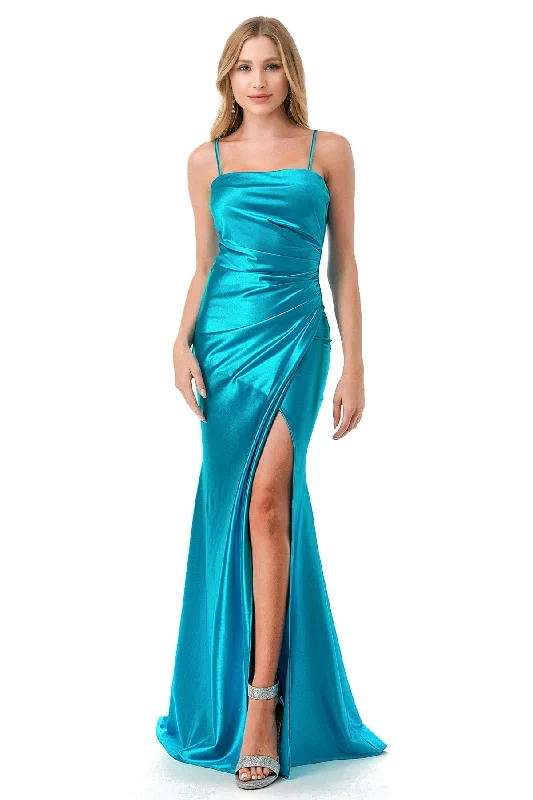 Fitted Sleeveless Satin Slit Gown by Coya D601 Stretchy unclassified dresses