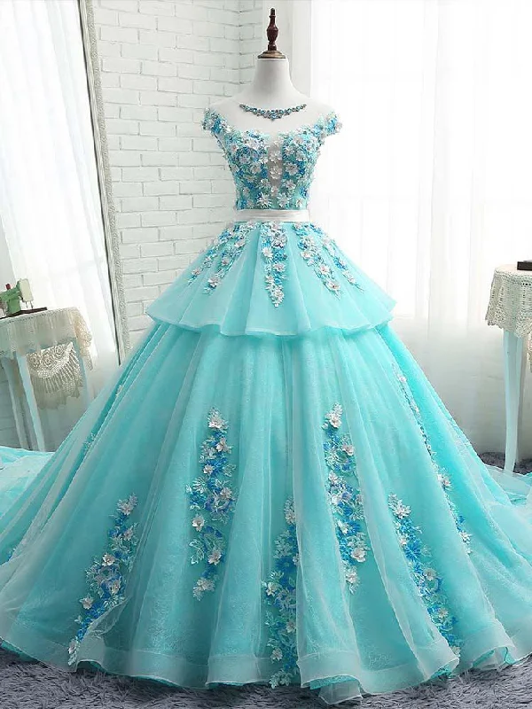 Floral Applique Long Prom Dresses Beaded Evening Dresses Cap Sleeve Ball Gowns Formal Dresses,BS044 Long floral dresses