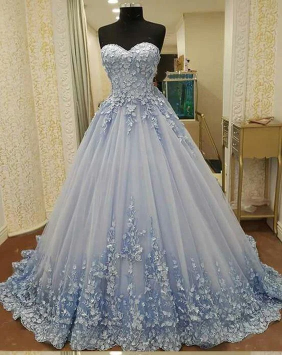 Floral Applique Long Prom Dresses Blue Tulle A-Line Evening Dresses Sweetheart Formal Dresses,BS032 Best floral dresses for elegant looks