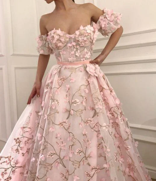 Floral Applique Long Prom Dresses Off the Shoulder Evening Dresses Pink A-Line Formal Dresses,BS047 Silk floral dresses