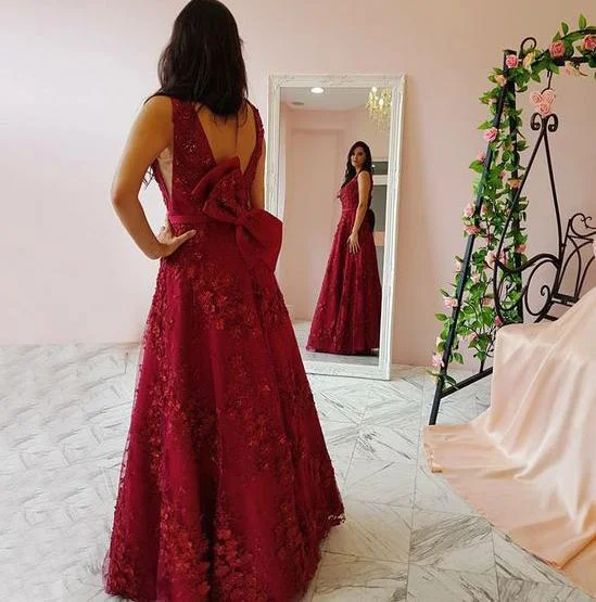 Floral Applique Long Prom Dresses Red V-Neck Evening Dresses A-Line Formal Dresses with Bowknot,BS033 Cute floral print summer dresses