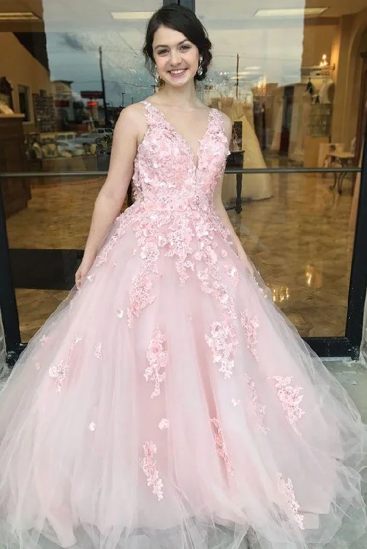 Floral Applique Long Prom Dresses V-Neck Evening Dresses Tulle A-Line Formal Dresses,BS035 Plus size floral dresses