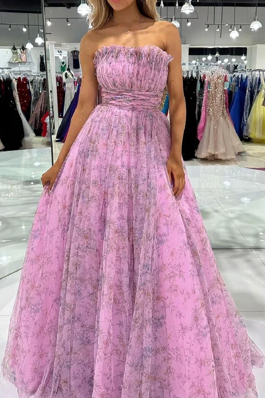 Gorgeous A Line Strapless Pink Floral Printed Long Prom Dress with Ruffles Best floral dresses for outdoor weddings