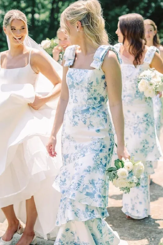 Gorgeous Sheath Square Neck Blue Floral Printed Long Bridesmaid Dress with Ruffles Boho floral dresses