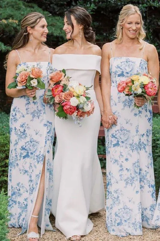 Gorgeous Spaghetti Straps Blue Floral Printed Long Bridesmaid Dress with Split Front Party floral dresses