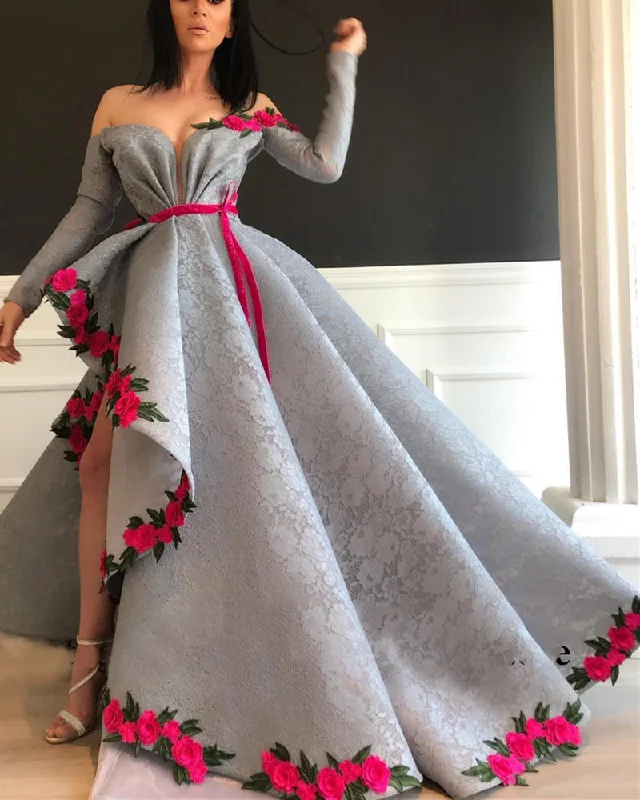 gray Lace Long Sleeves Prom Party Dress with Floral Appliqued Gown Vestido De Festa Longo PL01210 Maternity floral dresses