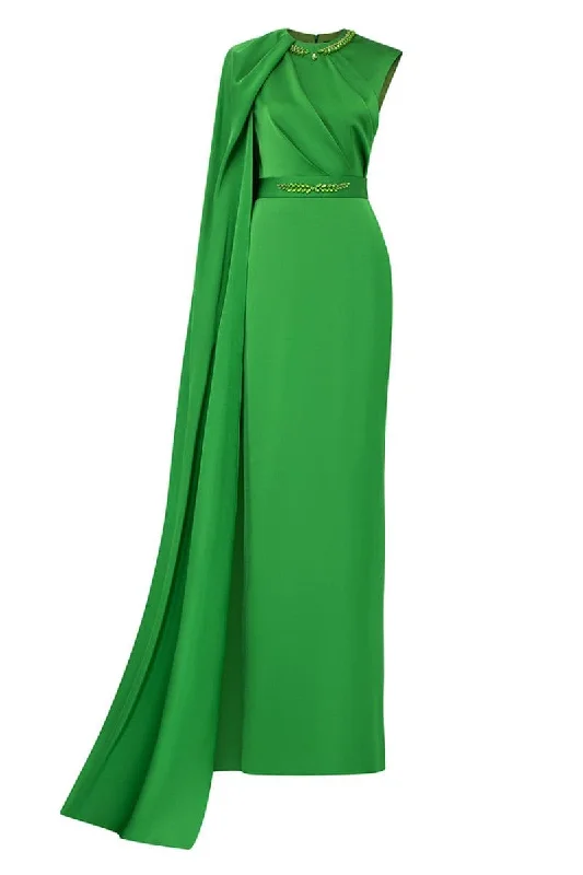 GREEN ONE-SHOULDER CAPE DRAPED SILK DRESS Fall unclassified dresses