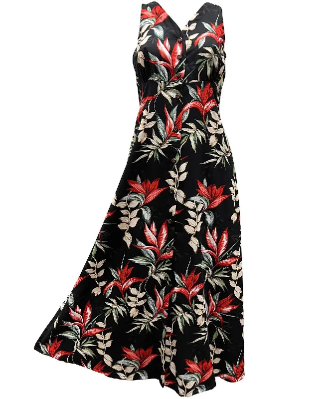 Heliconia Paradise Black Button Front Tank Dress Tank Dress for Women