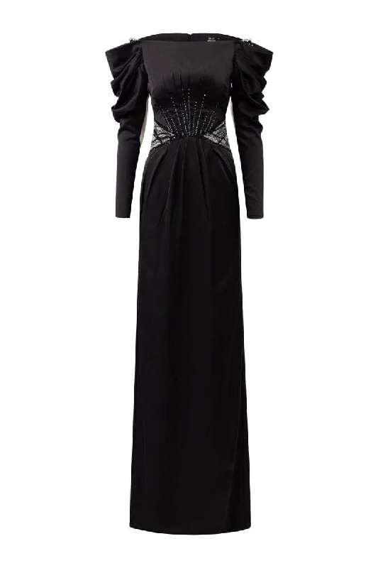 JULIANNA BLACK SILK SATIN DRAPED SLEEVES DRESS Ruffled unclassified dresses