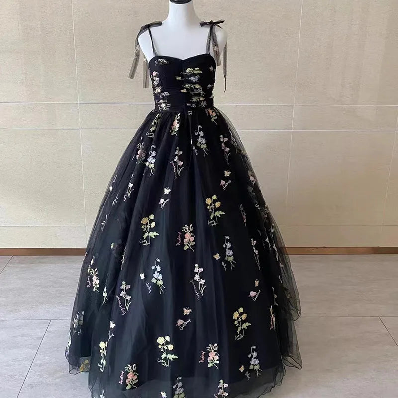 Luxury Floral Embroidery Long Black Prom Evening Dresses Women Summer Party Formal Occasions Reception Dress Cheap floral dresses