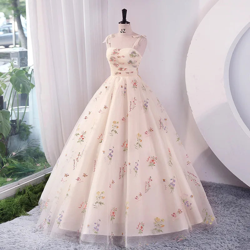 Luxury Floral Embroidery Long Champagne Prom Evening Dresses Women Summer Party Formal Occasions Reception Dress Budget-friendly floral dresses