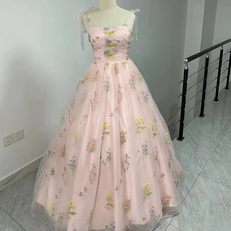 Luxury Floral Embroidery Long Pink Prom Evening Dresses Women Summer Party Formal Occasions Reception Dress Cocktail floral dresses