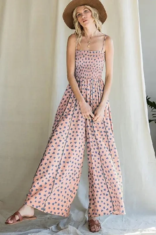 Smocked Polka Heart Print Jumpsuit Party floral dresses