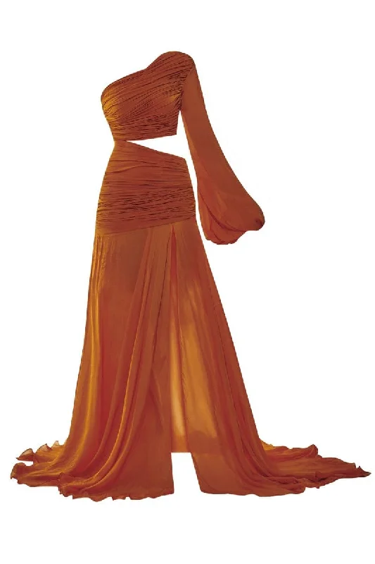 MARIELLE RUST ONE-SHOULDER RUCHED GOWN Affordable unclassified dresses