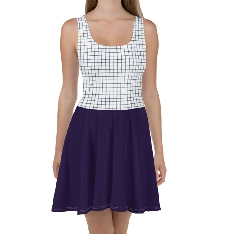 Navy Blue Checkered Sleeveless Skater Dress (XS-3XL) Formal unclassified dresses