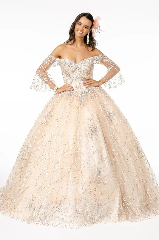 Off Shoulder Glitter Ball Gown with Bell Sleeves by Elizabeth K GL2911 Spring unclassified dresses