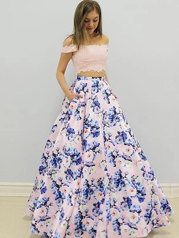 off shoulder two pieces floral long prom dress ball gown, PD6587 Floral dresses under $100