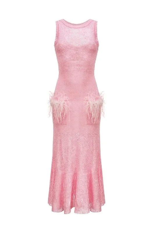 PINK FEATHER-TRIMMED KNIT DRESS Anniversary unclassified dresses