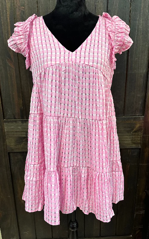 "Pink Plaid Gingham Flutter Sleeve" V-Neck Dress Chic unclassified dresses