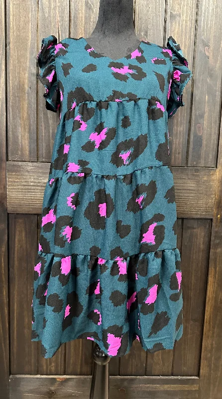 "Pink & Teal Leopard" Flutter Sleeve Dress Preppy unclassified dresses