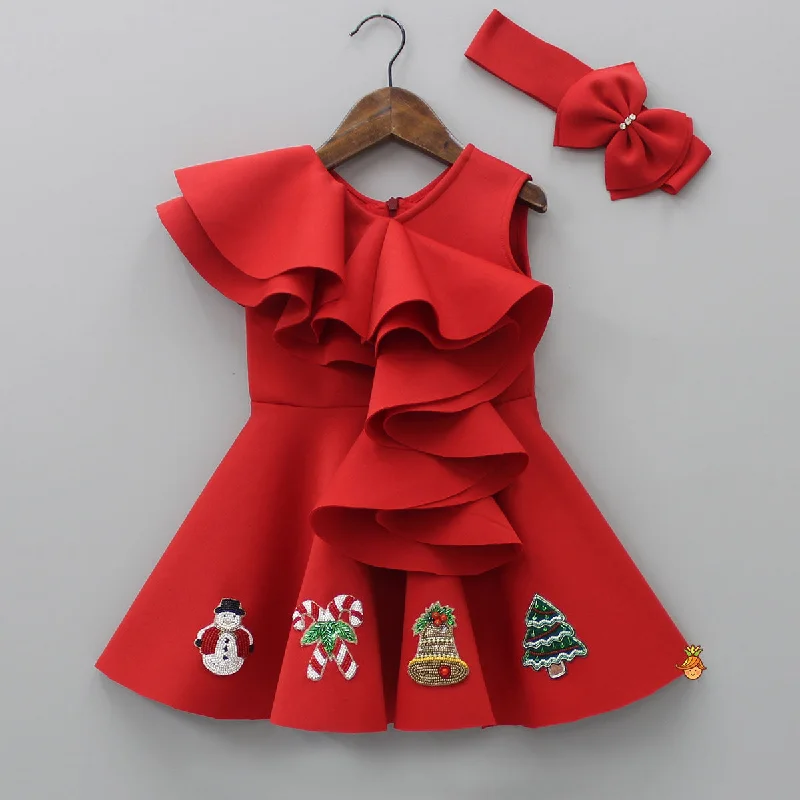 Pre Order: Christmas Theme Embroidered Red Scuba Dress With Matching Head Band Minimalist unclassified dresses