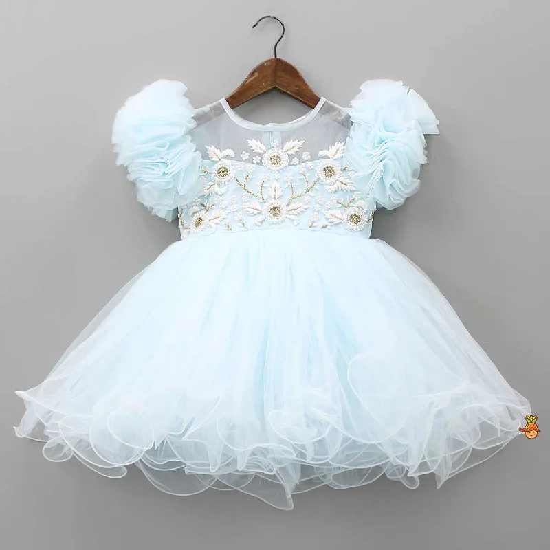 Pre Order: Cut Dana Embellished Blue Ruffled Sleeves Dress Pastel unclassified dresses