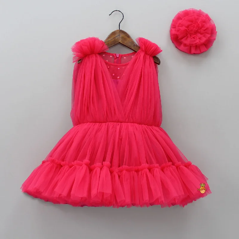 Pre Order: Enchanting Crimson Red Gathered Dress With Hair Clip Stretchy unclassified dresses