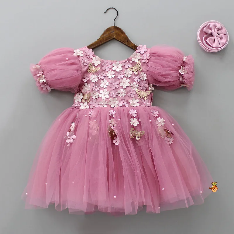 Pre Order: Flower Enhanced Pink Butterfly Wings Dress With Head Band Flowy unclassified dresses