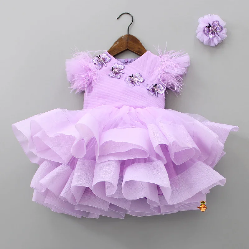 Pre Order: Lovely Butterfly Purple Net Ruffled Dress With Matching Hair Clip Engagement unclassified dresses