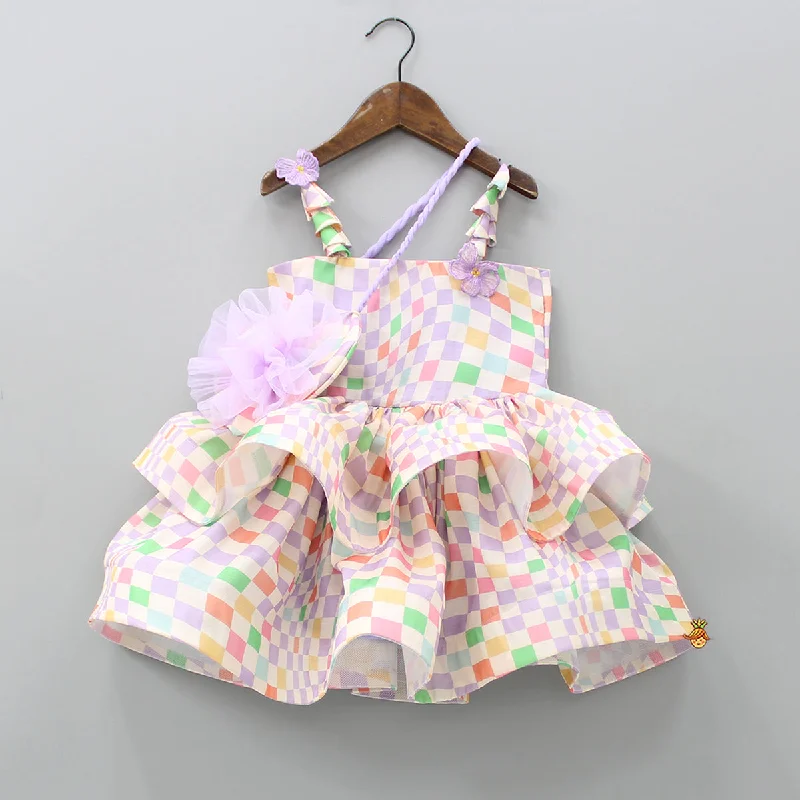 Pre Order: Multicolour Checks Layered Dress With Heart Shaped Sling Bag Soft fabric unclassified dresses