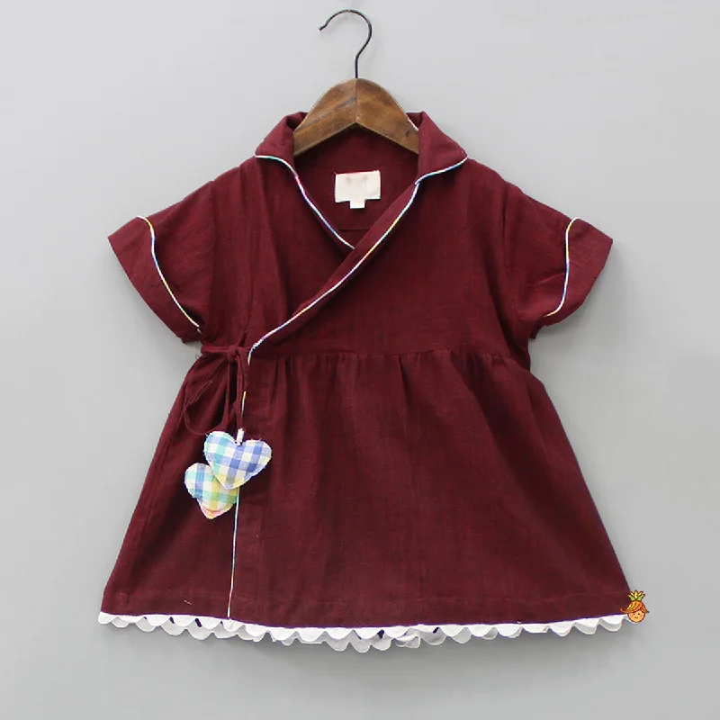 Pre Order: Notched Collar Maroon Overlap Dress Best-selling unclassified dresses