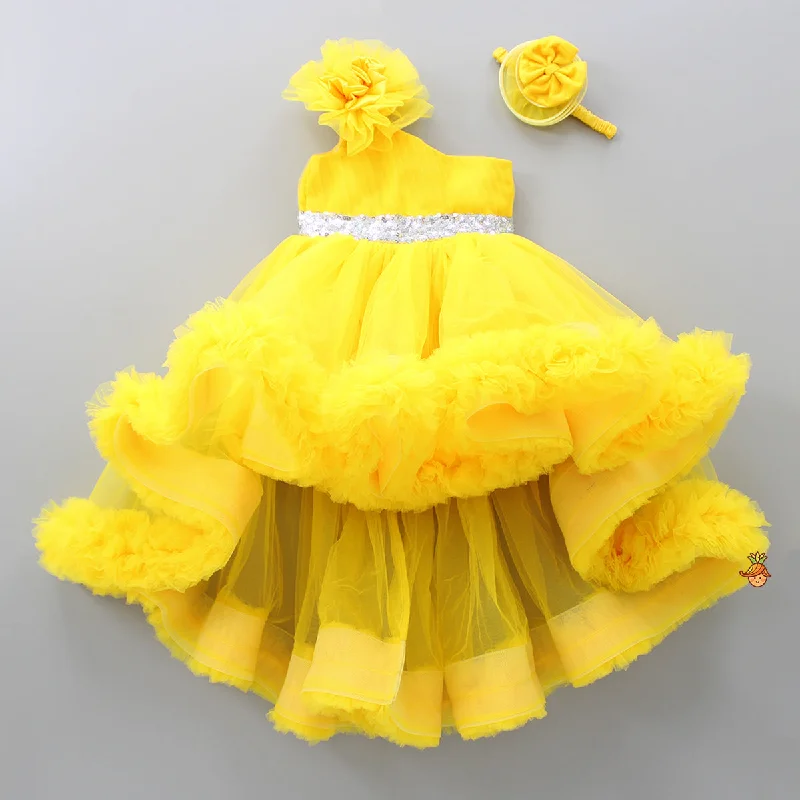 Pre Order: One Shoulder Ruffle Hem High Low Yellow Dress With Matching Head Band Silk unclassified dresses