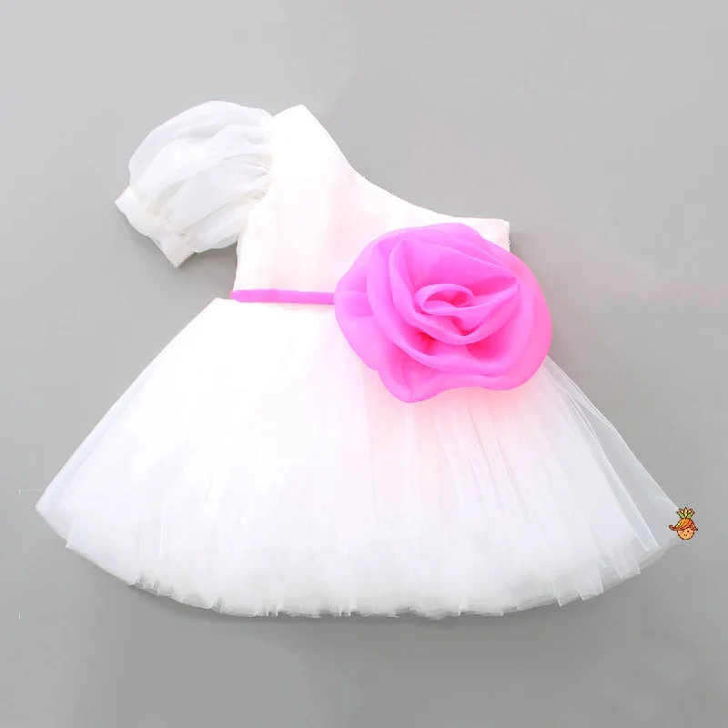 Pre Order: One Shoulder Swirled Flower Enhanced Flared White Dress Affordable unclassified dresses