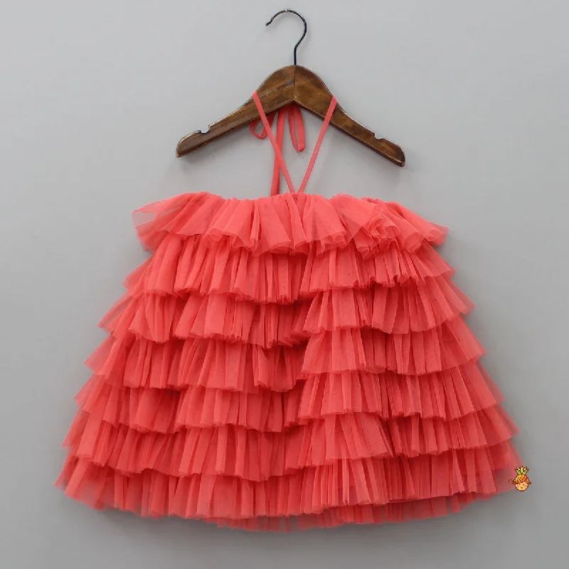 Pre Order: Peachish Pink Backless Net Ruffle Dress Soft fabric unclassified dresses