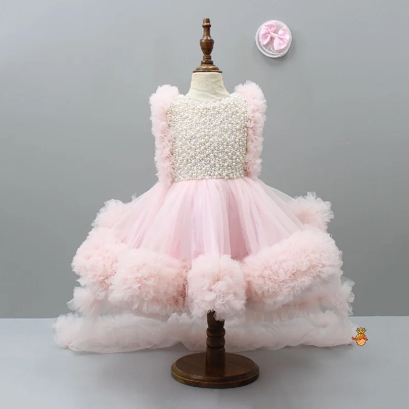 Pre Order: Pink Frilled Flared Dress With Detachable Bow And Trail With Head Band Anniversary unclassified dresses