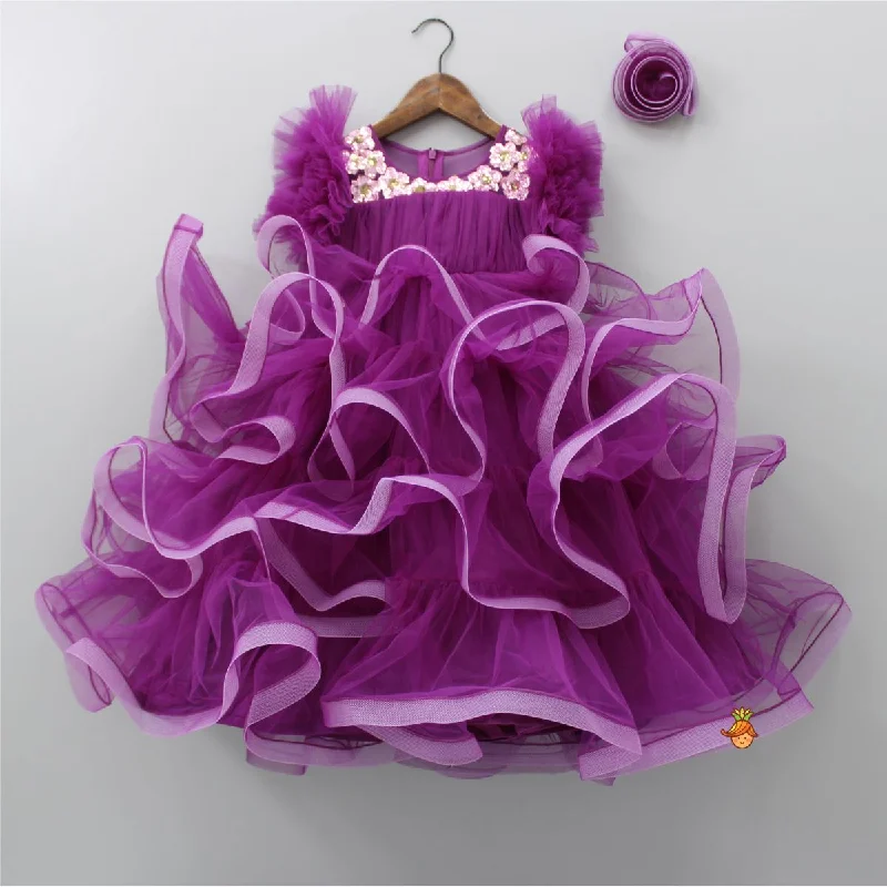 Pre Order: Pretty Purple Ruffled Layered Gown With Matching Hair Clip Spring unclassified dresses