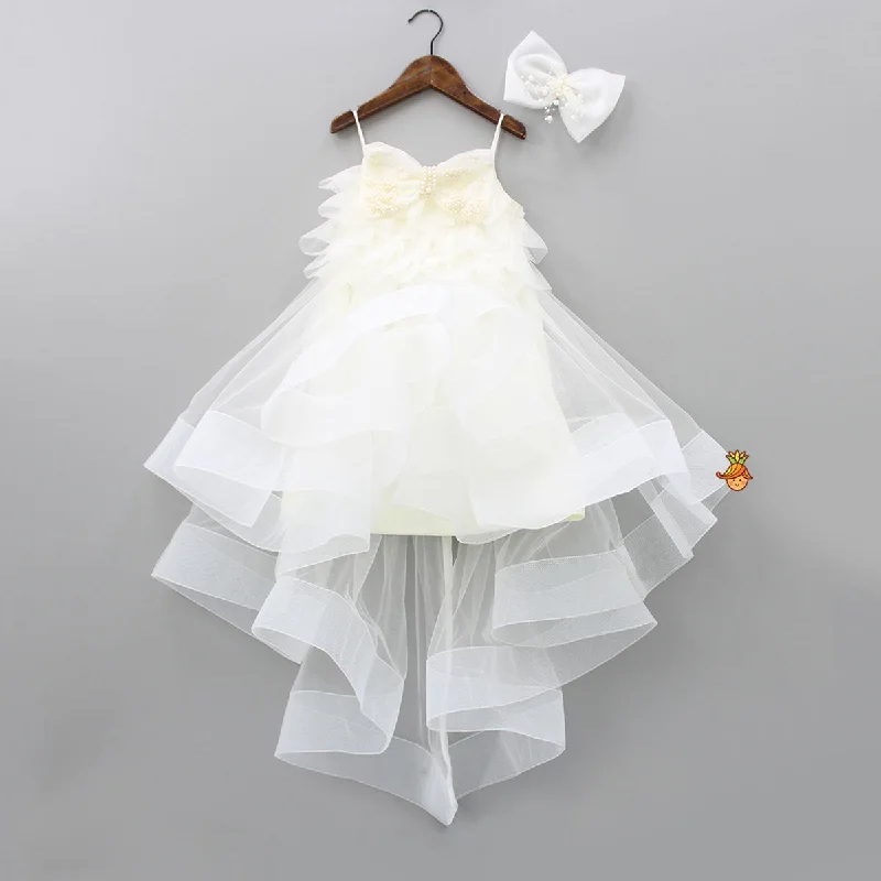 Pre Order: Stylish Off White Trail Dress With Bowie Pearl String Hair Clip Earthy tone unclassified dresses