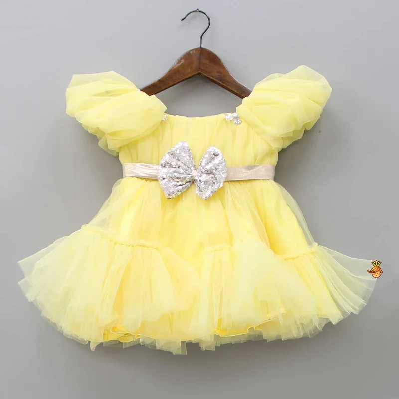 Puff Sleeves And Ruffle Hem Yellow Fancy Dress Beach unclassified dresses