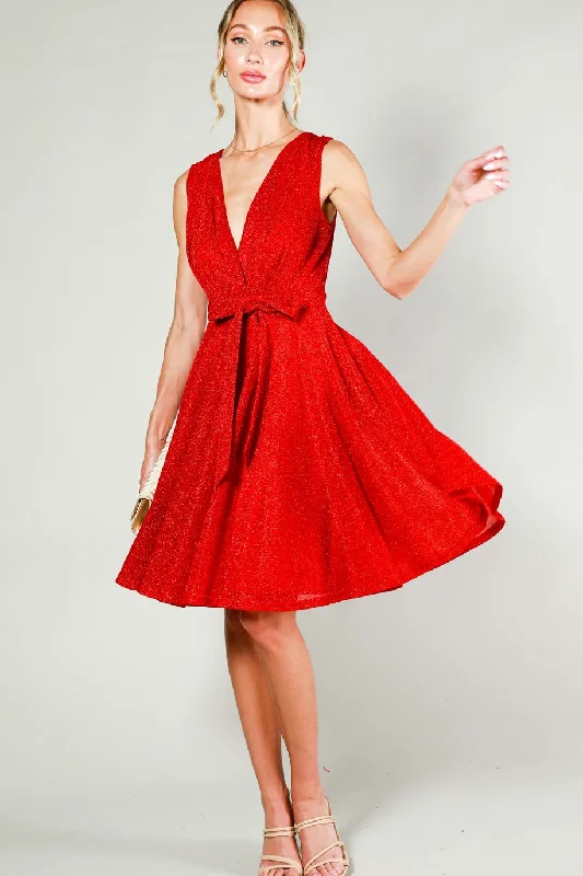 Red Lurex Sleeveless Flare Dress Party unclassified dresses