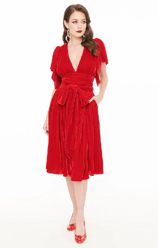 Red Velvet Flutter Sleeve Dress by Unique Vintage Tulle unclassified dresses