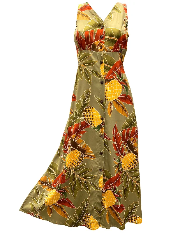 Retro Pineapple Olive Button Front Tank Dress Mini Tank Dress