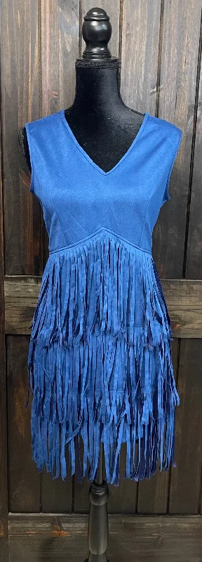 "Royal Blue Fringe Suede" Sleeveless Dress Satin unclassified dresses