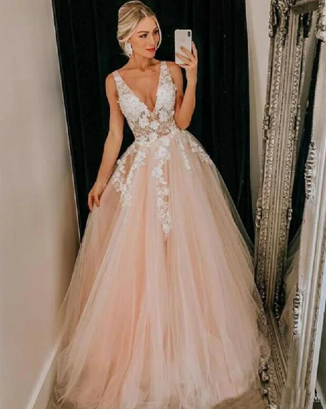 Sexy V Neck Tulle Floral   Blush Pink Iovry Lace Long Prom Dress Long PL10413 Summer floral dresses